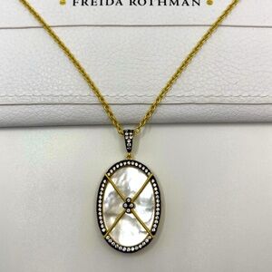 Freida Rothman Mother of Pearl Oval Pendant Necklace 14K Gold over SS 27” length